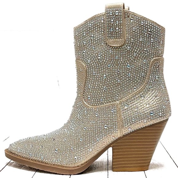 New Women Champagne Gold Blingy Rhinestone Cowboy Western Ankle Boots Booties - Picture 4 of 6